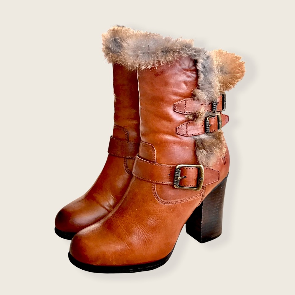 RARE Frye Penny Lux Rabbit Fur-Lined Cognac Leather Buckle Heeled Ankle Booties - Picture 6 of 15